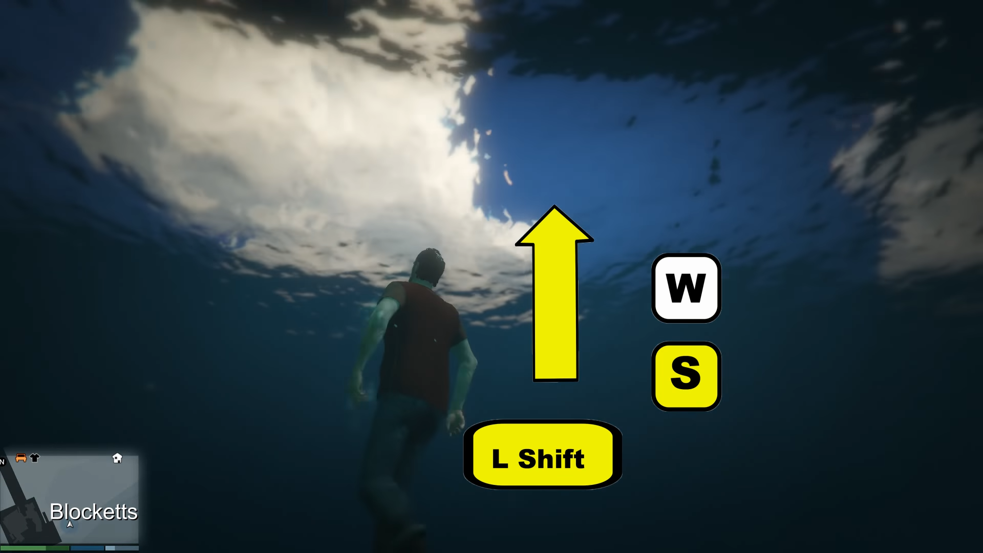 Picture showing a player is swimming upwards in How to swim guide