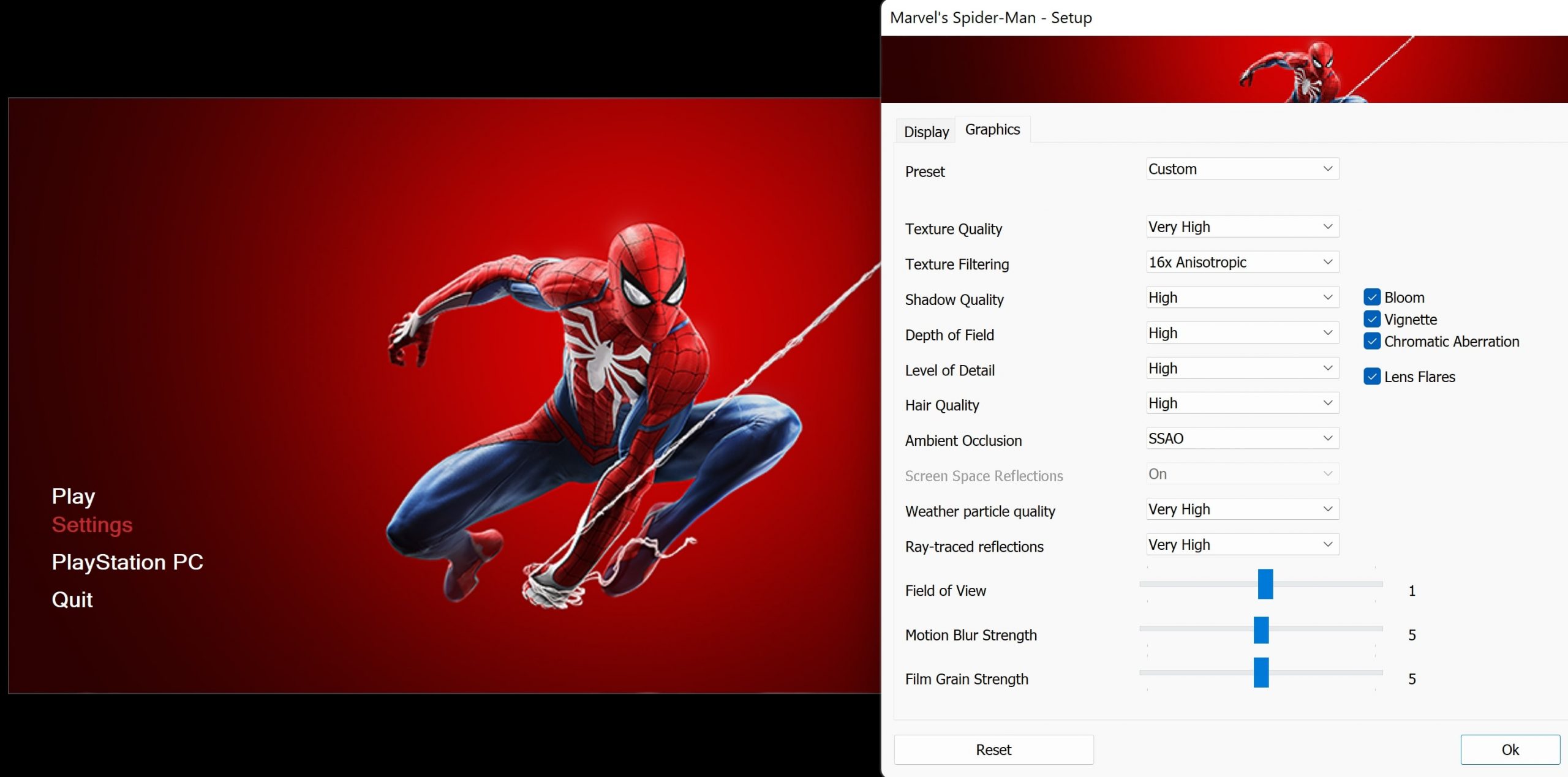 Spider-man Remastered PC Graphics Menu