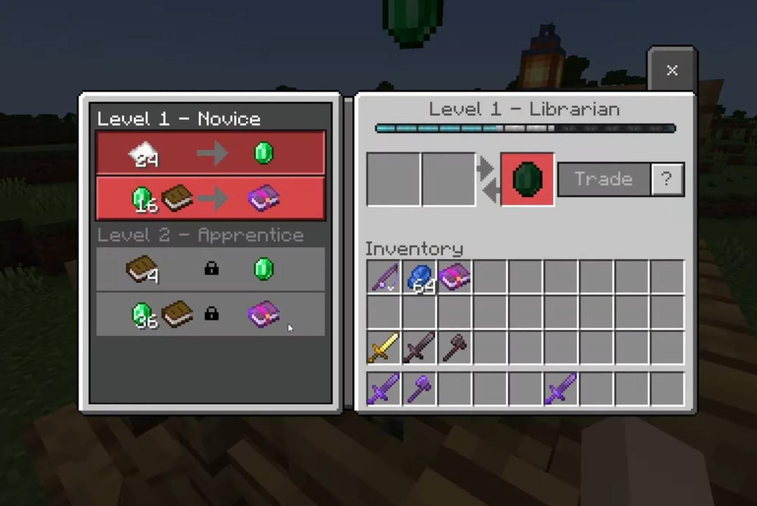 Trading with librarian for enchanted books to get the sharpness enchantment in Minecraft