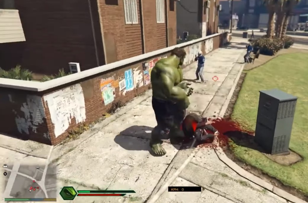 Hulk standing on top of dead bloody body with person shooting at him.