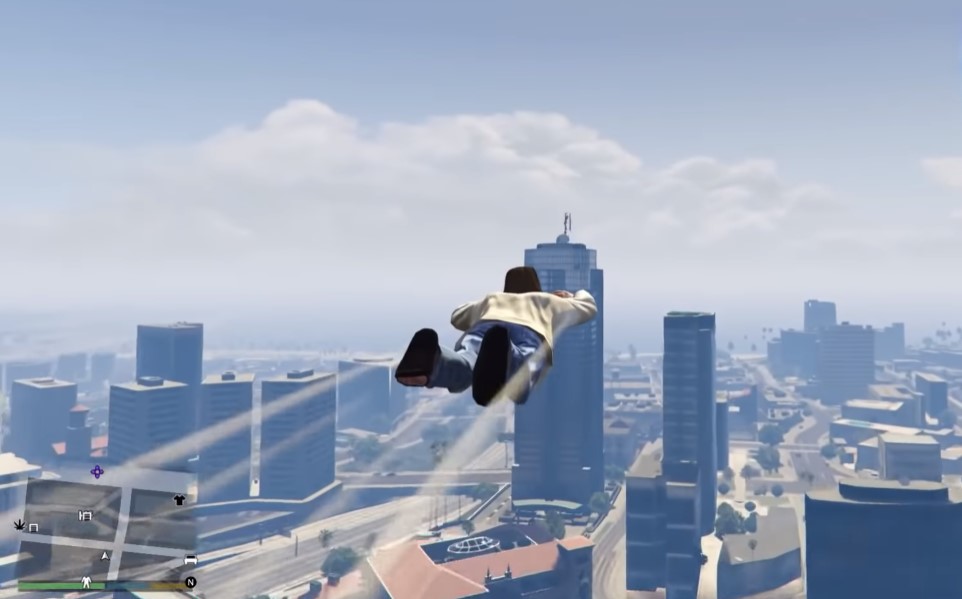 Jesus Christ character flying like superman above the city of Los Santos