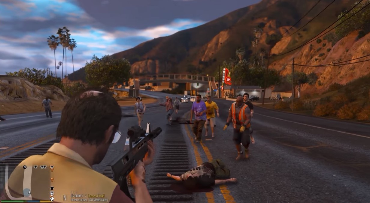 shooting at zombies with gun on the road