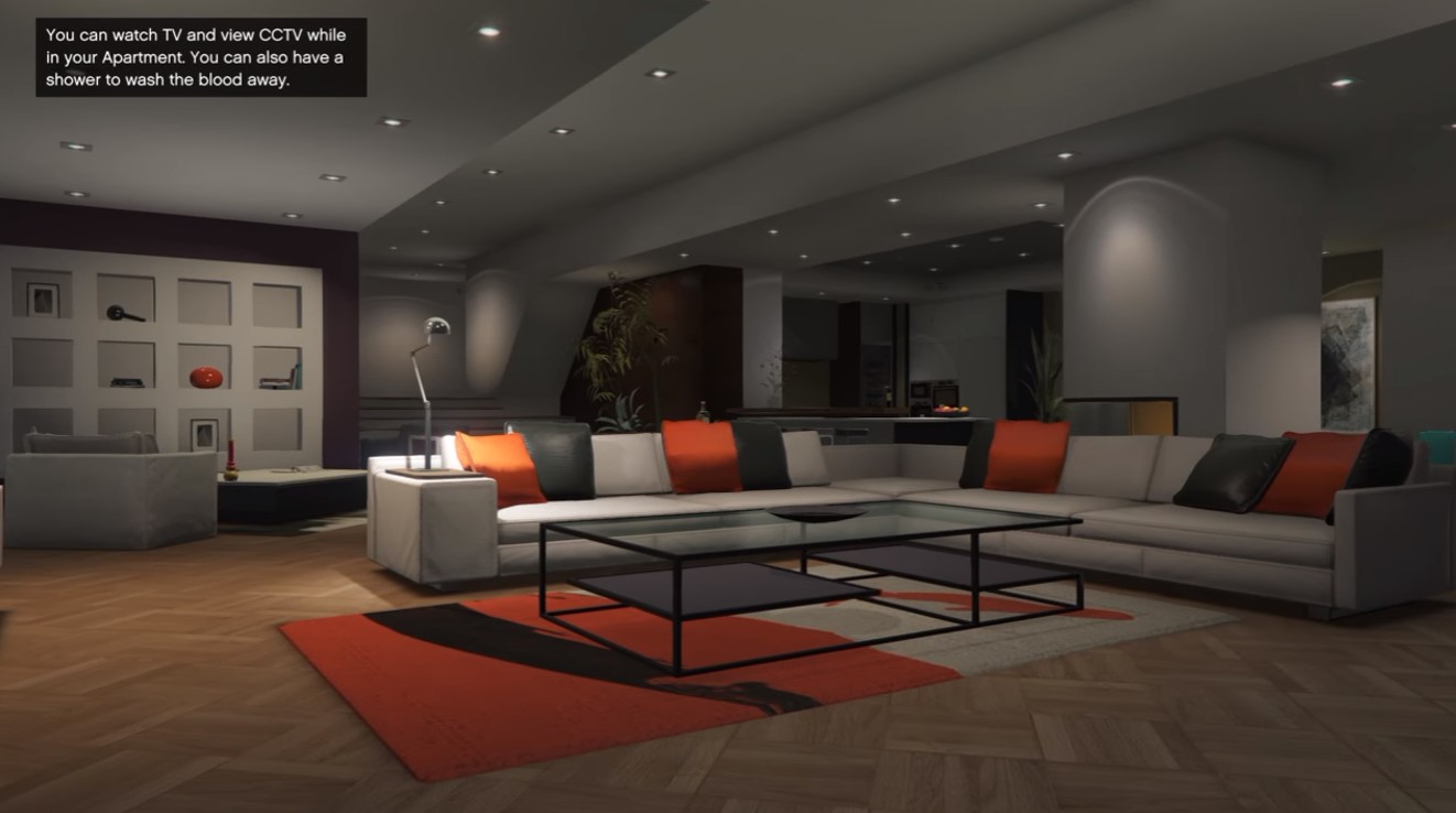 High-End apartment in GTA 5 Online. The lounge portion with a couch in the middle.