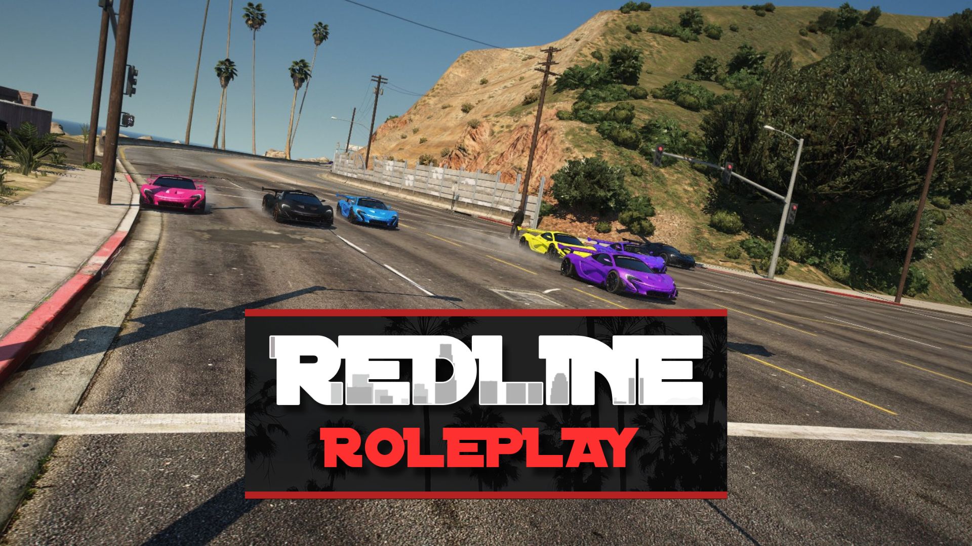 Redline title with 5 sports cars racing in the background. a FiveM server