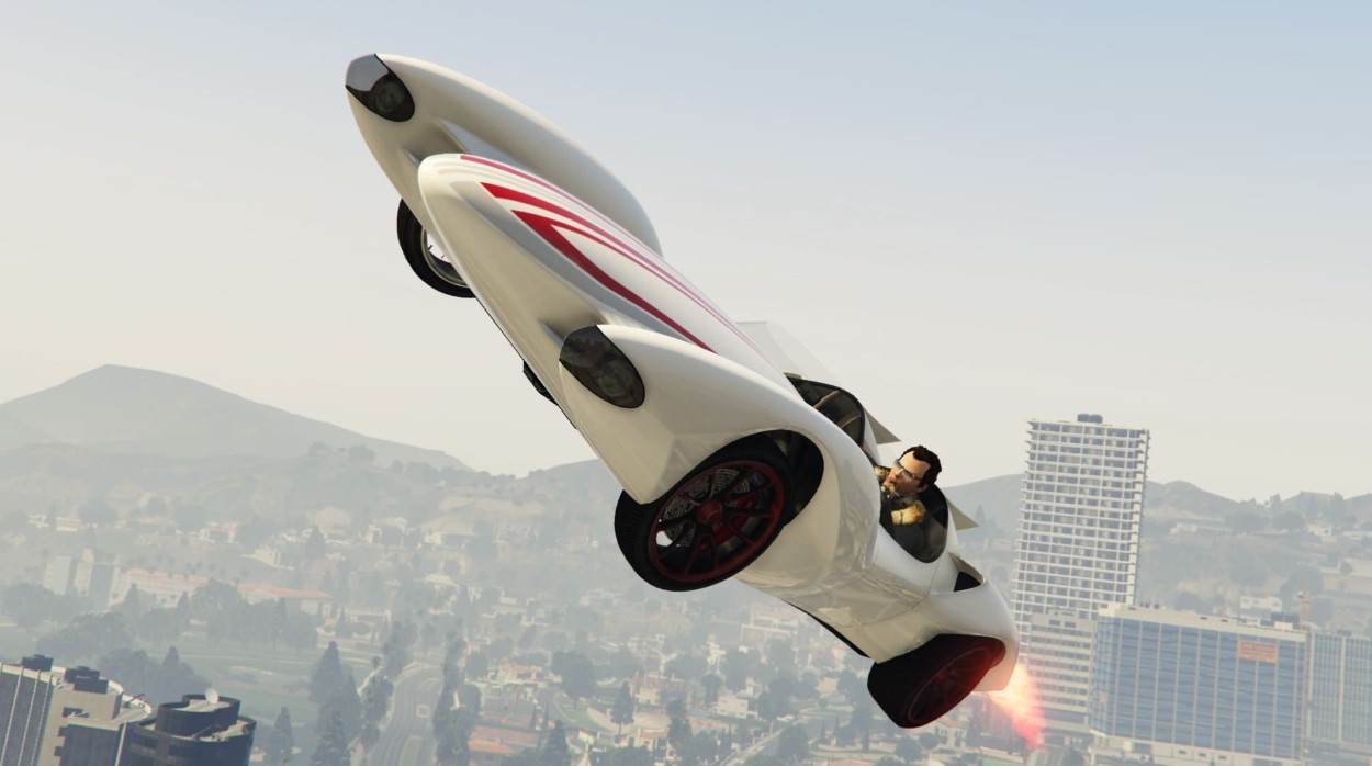 car flying through the city in GTA