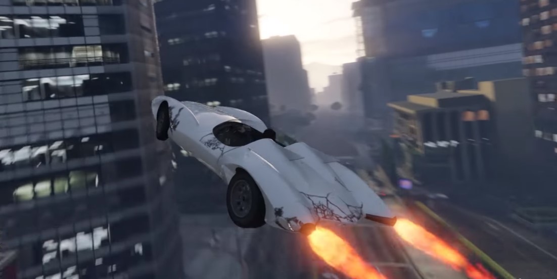 car flying through the city in GTA