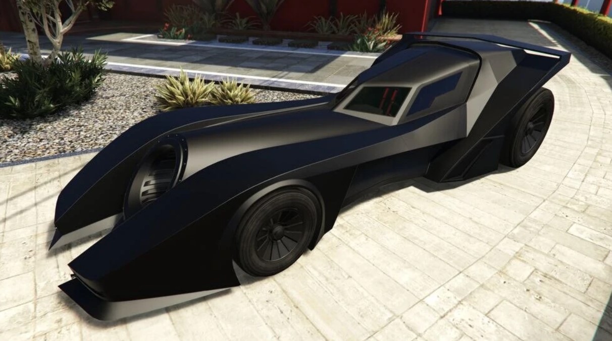 Batmobile looking vehicle in GTA, black body.