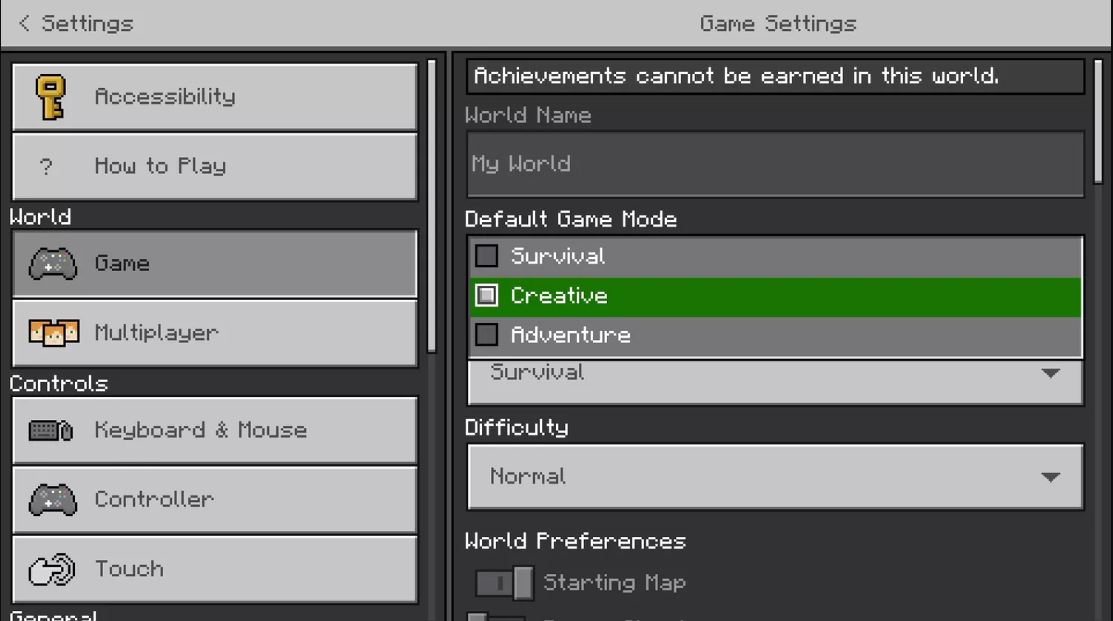 minecraft settings creative