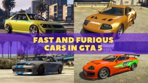 Title of Fast and Furious Cars in GTA 5 with 4 different cars shown on each.