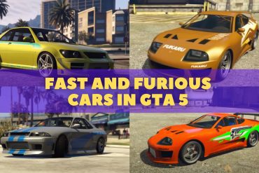 Title of Fast and Furious Cars in GTA 5 with 4 different cars shown on each.