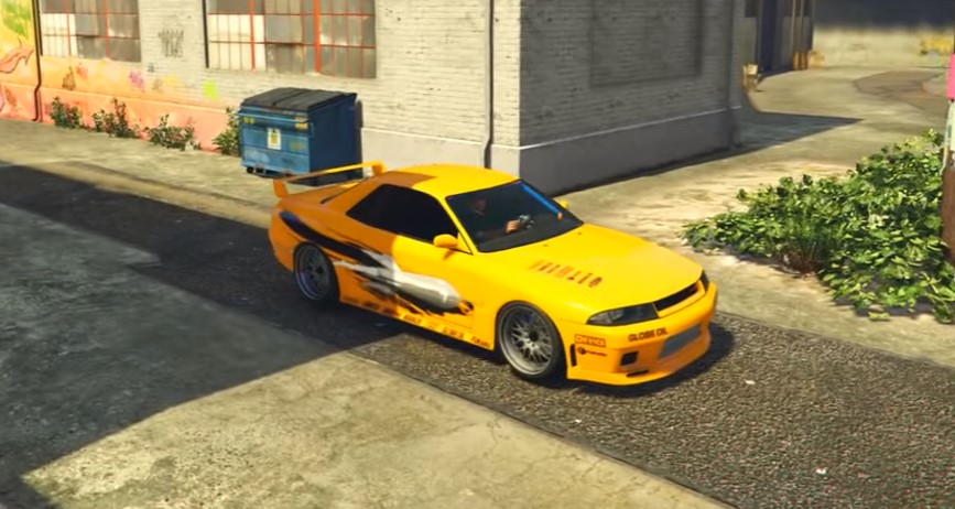 Bright yellow car of Nissan Skyline (leon's car)