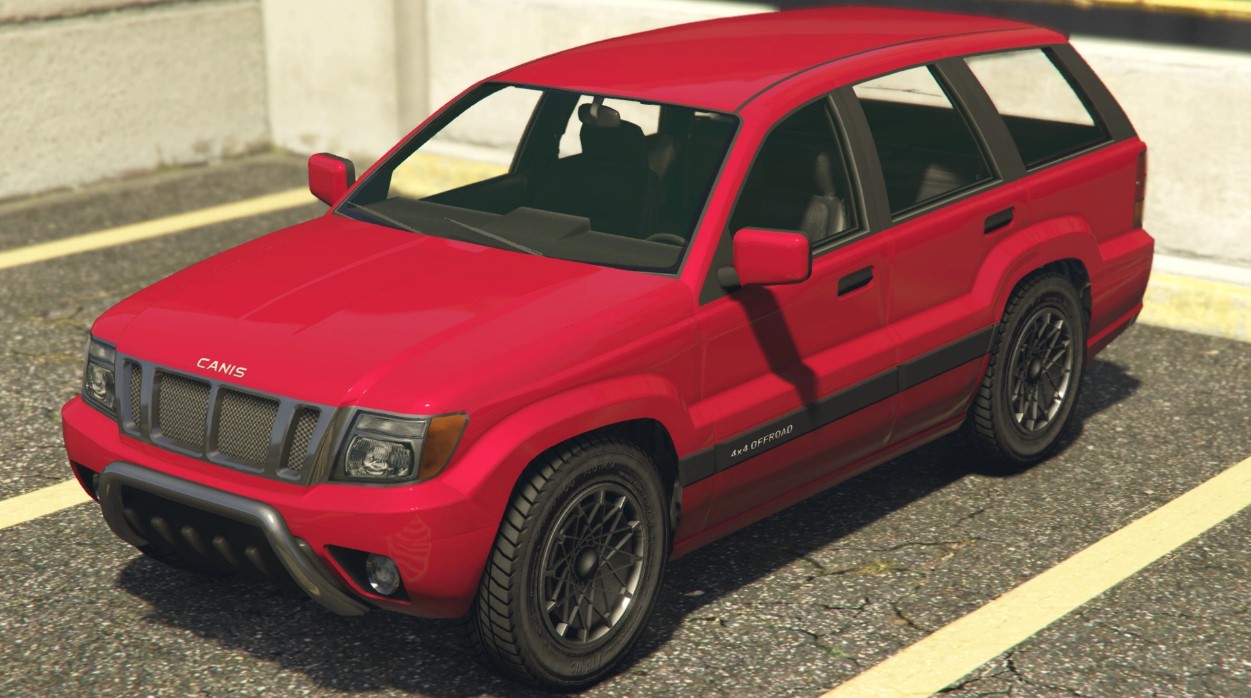 Red Canis Seminole SUV with 4 player capacity is parked.