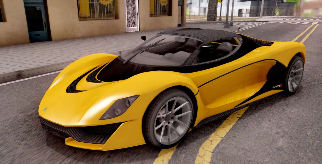 Yellow Grotti Turismo R parked on the road, sports car.