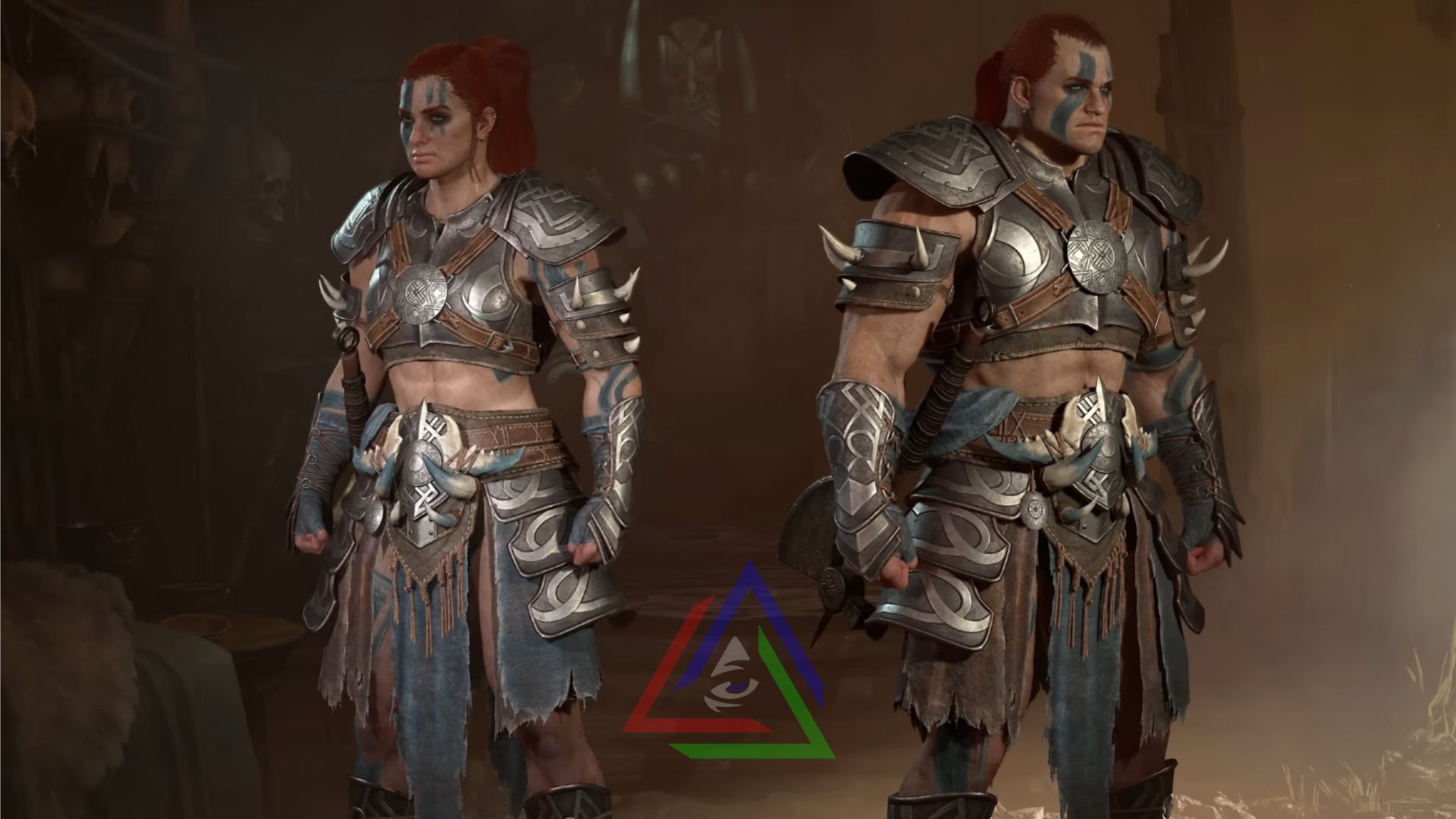 Barbarian people standing infront, one male and one female.