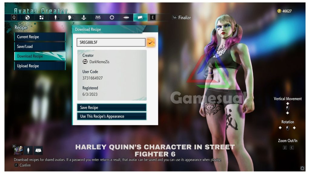 Customized character of Harley Quinn by using Recipe code in Street Fighter 6