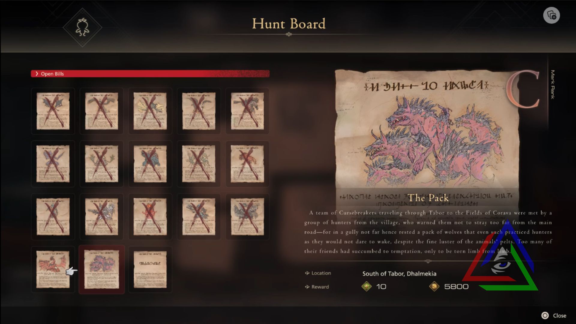 Hunting board with monsters and their descriptions for best grinding spots 