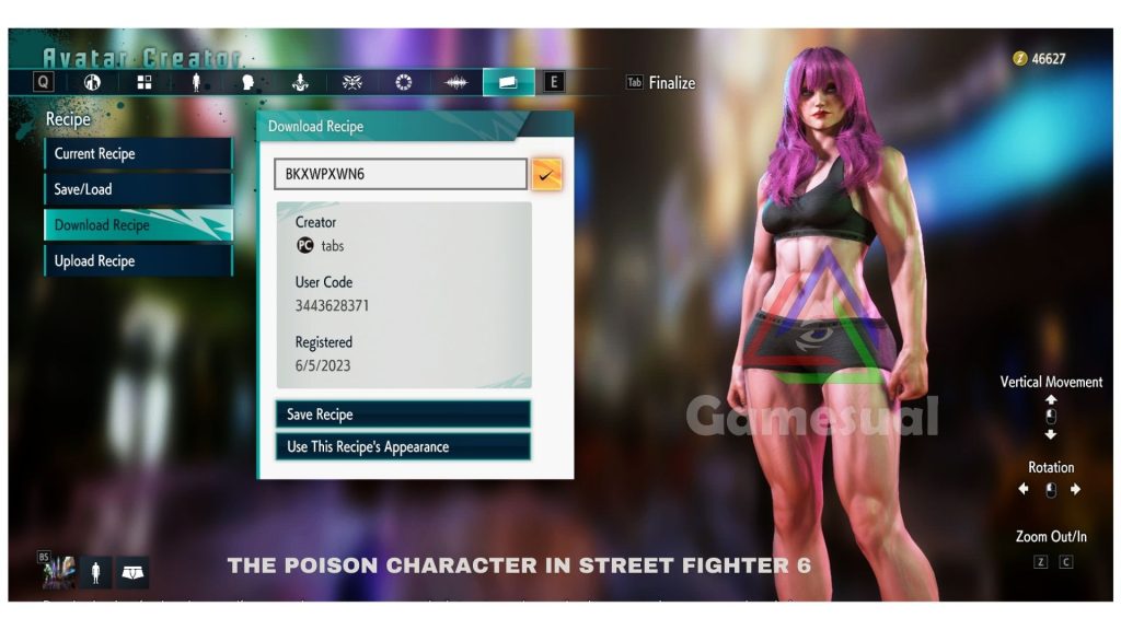 Create character of The Poison by using Recipe Codes.