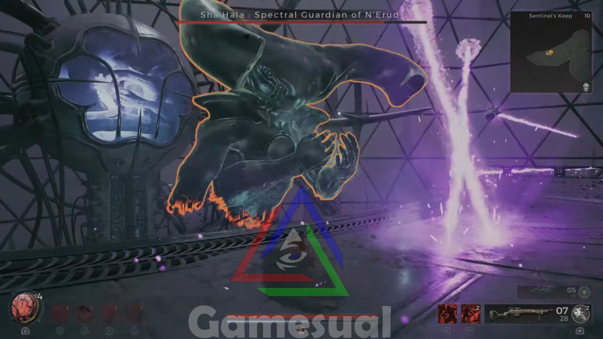 The image Shows an ongoing boss fight with Sha'Hala