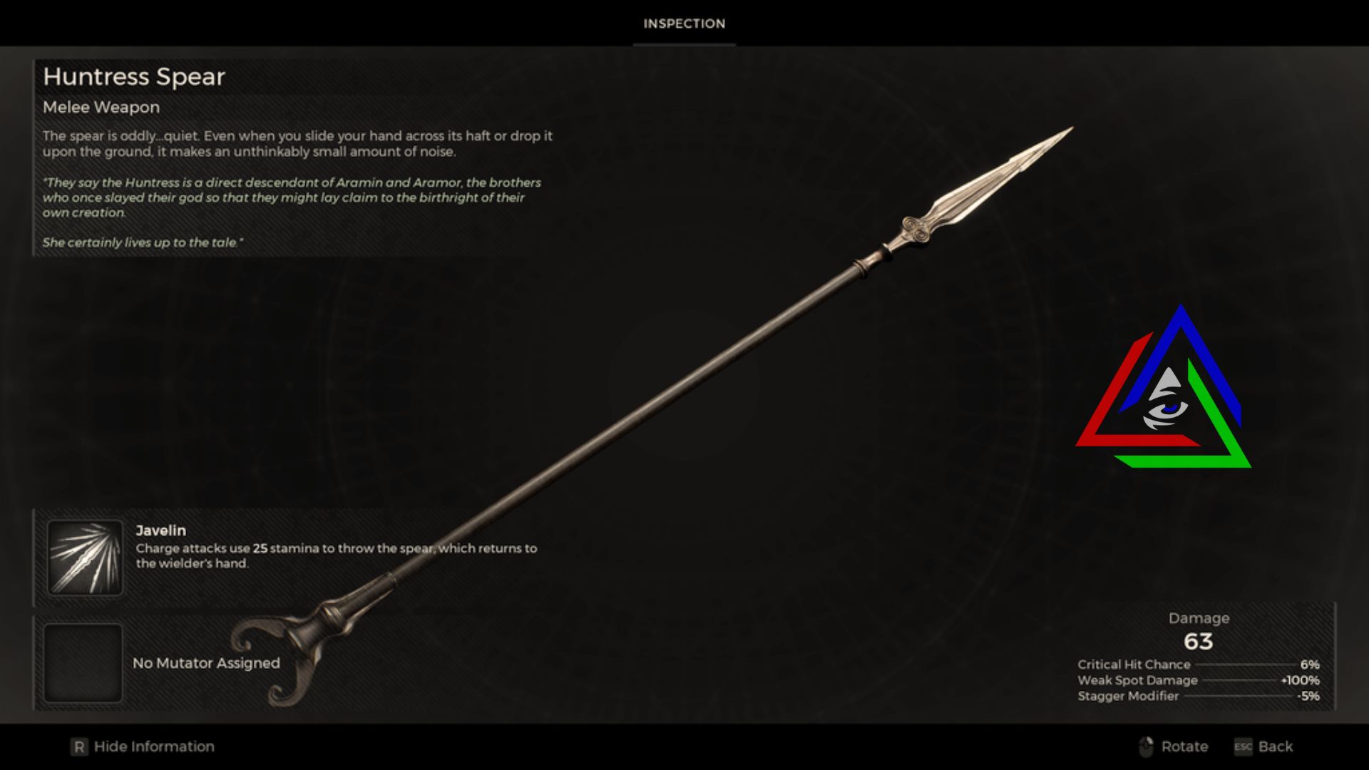 Huntress spear weapon with its description