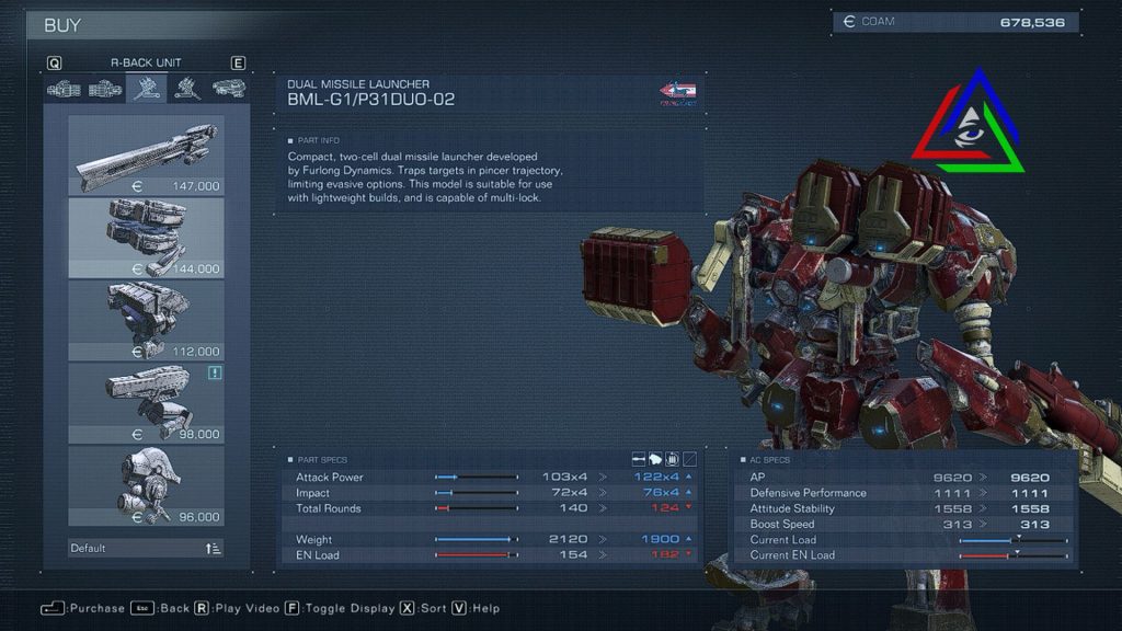 Back weapons stats in Armored Core 6 from parts shop