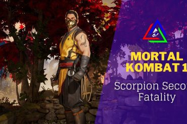 Scorpion character in Mortal Kombat 1 standing with a title card next to him